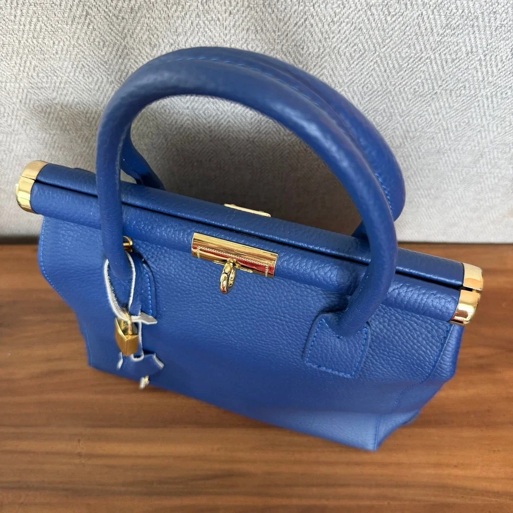 Italian Leather Satchel Quiet Luxury Y2K Cobalt‎ Blue Top Handle Crossbody Bag